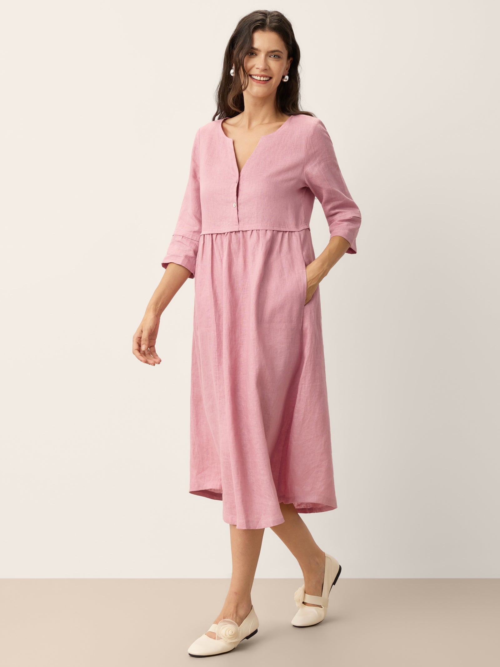 100% Linen Loose Fit Button Waist Gathered Midi Dress LUNA by LINTICO for women