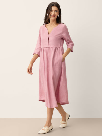 100% Linen Loose Fit Button Waist Gathered Midi Dress LUNA by LINTICO for women