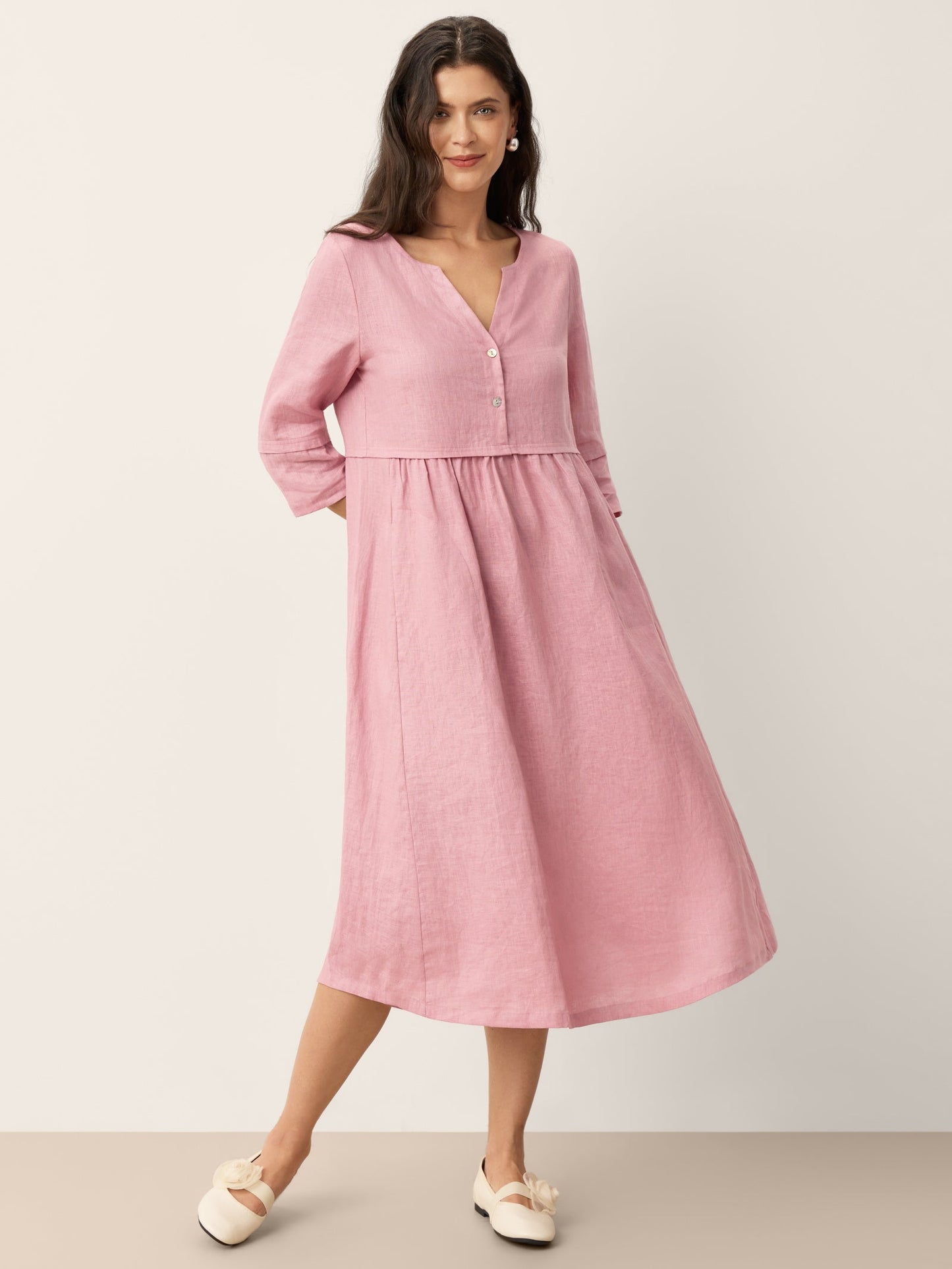 100% Linen Loose Fit Button Waist Gathered Midi Dress LUNA by LINTICO for women