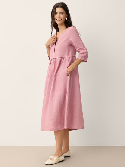 100% Linen Loose Fit Button Waist Gathered Midi Dress LUNA by LINTICO for women