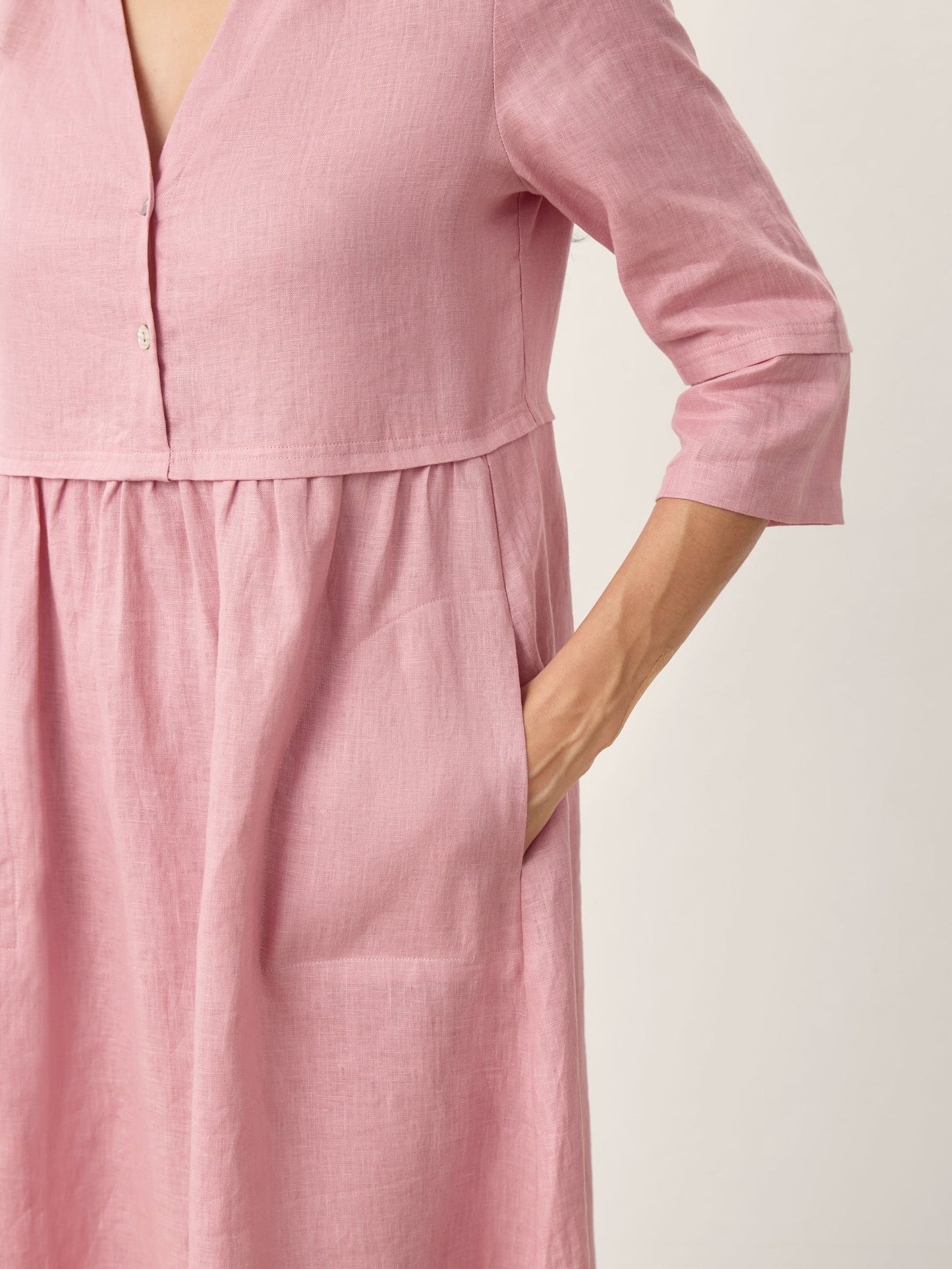 100% Linen Loose Fit Button Waist Gathered Midi Dress LUNA by LINTICO for women