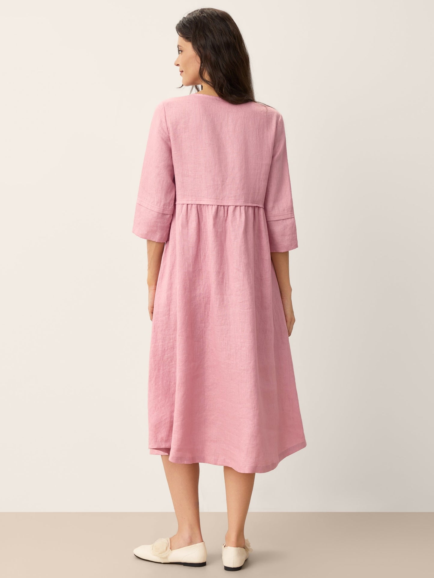 100% Linen Loose Fit Button Waist Gathered Midi Dress LUNA by LINTICO for women
