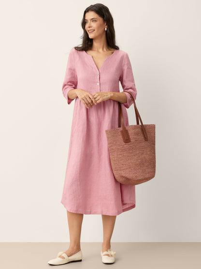 100% Linen Loose Fit Button Waist Gathered Midi Dress LUNA by LINTICO for women