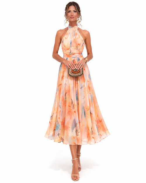 Aurora – Kleid mit Neckholder-Ausschnitt und Aquarell-Print