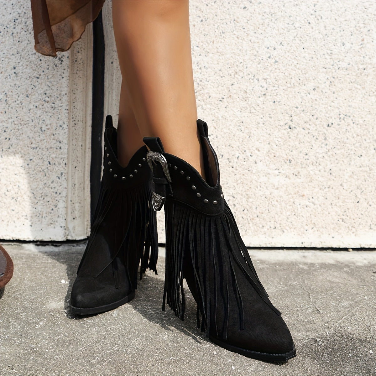 Slip-on cowboylaarzen met puntige neus en blokhak, ideaal voor dagelijks gebruik met ritssieraden en franjes – NOVAFOXO - Glamorix