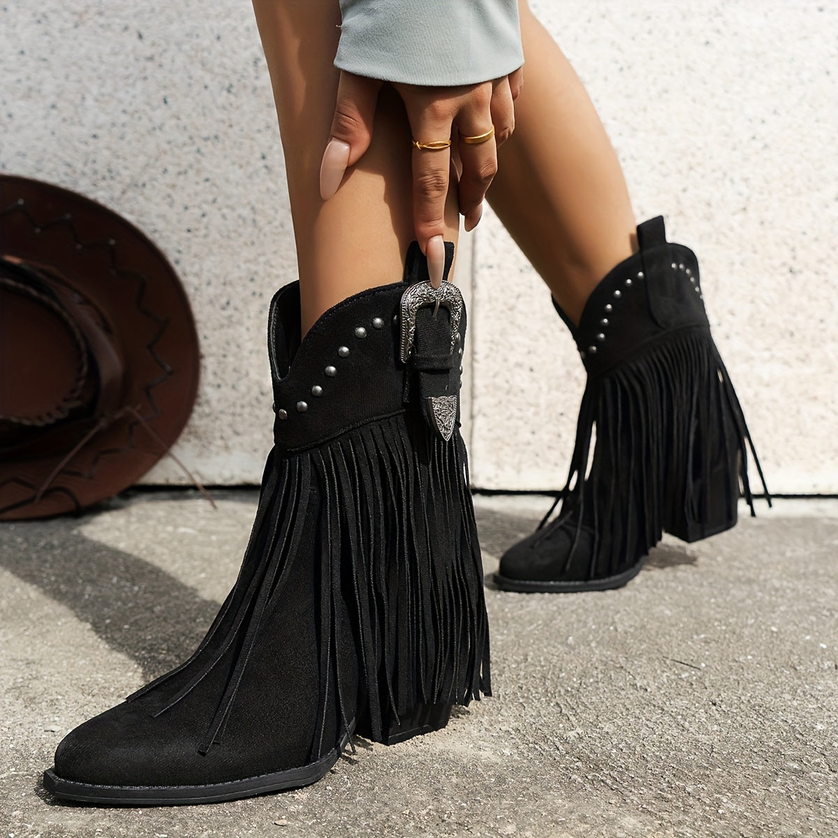 Slip-on cowboylaarzen met puntige neus en blokhak, ideaal voor dagelijks gebruik met ritssieraden en franjes – NOVAFOXO - Glamorix