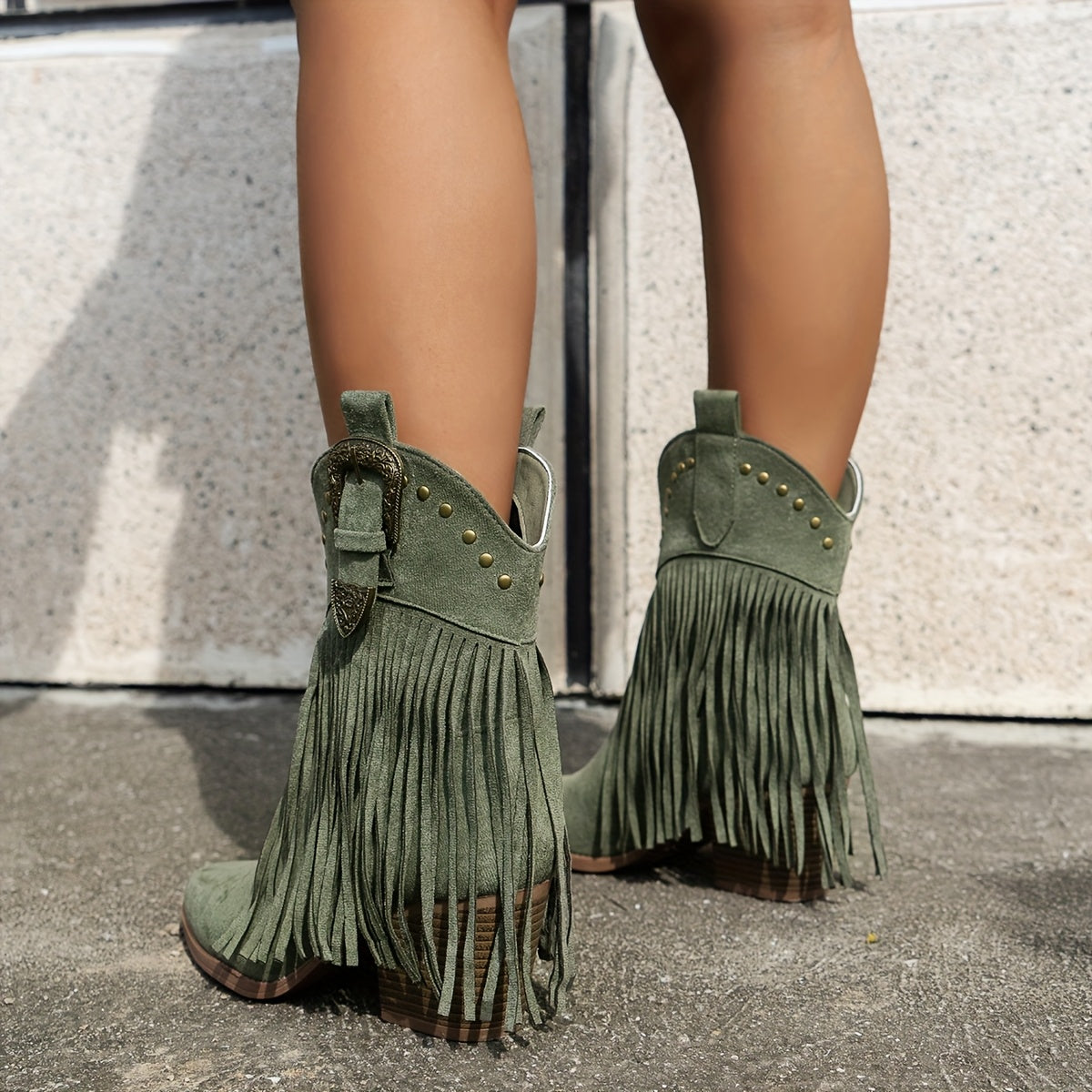 Slip-on cowboylaarzen met puntige neus en blokhak, ideaal voor dagelijks gebruik met ritssieraden en franjes – NOVAFOXO - Glamorix