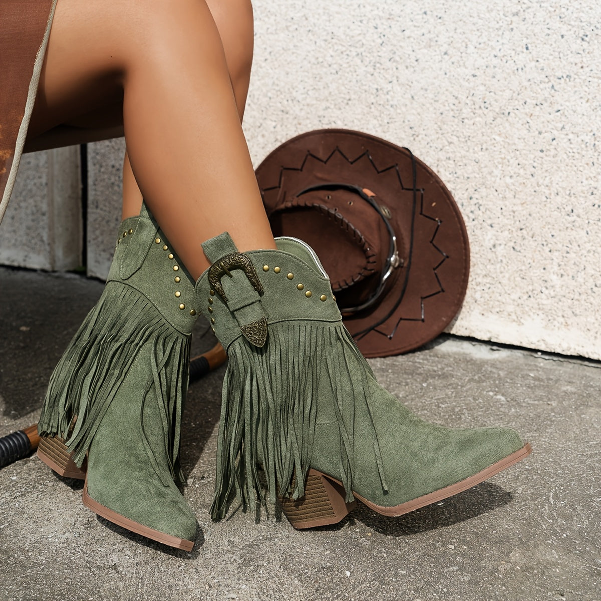 Slip-on cowboylaarzen met puntige neus en blokhak, ideaal voor dagelijks gebruik met ritssieraden en franjes – NOVAFOXO - Glamorix