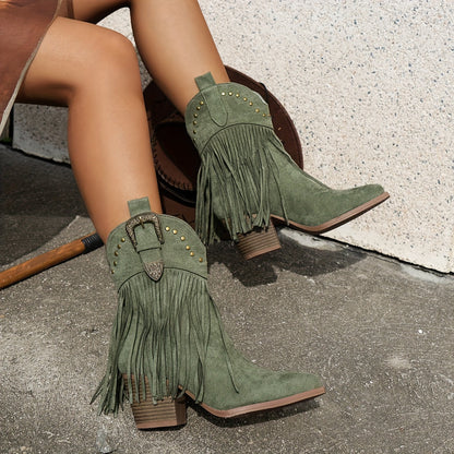 Slip-on cowboylaarzen met puntige neus en blokhak, ideaal voor dagelijks gebruik met ritssieraden en franjes – NOVAFOXO - Glamorix
