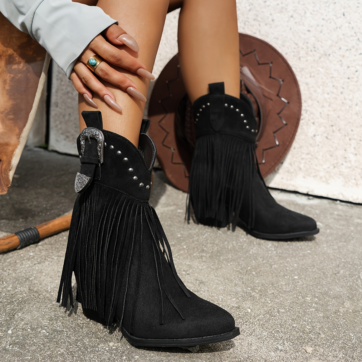 Slip-on cowboylaarzen met puntige neus en blokhak, ideaal voor dagelijks gebruik met ritssieraden en franjes – NOVAFOXO - Glamorix