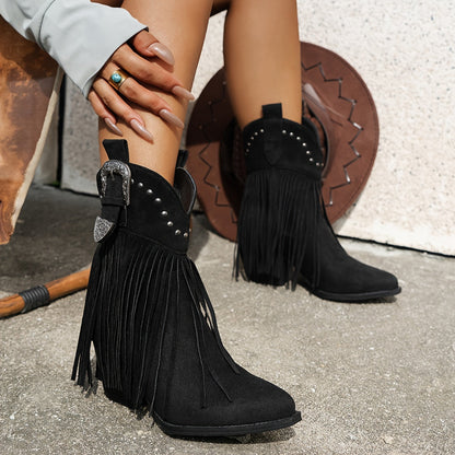 Slip-on cowboylaarzen met puntige neus en blokhak, ideaal voor dagelijks gebruik met ritssieraden en franjes – NOVAFOXO - Glamorix