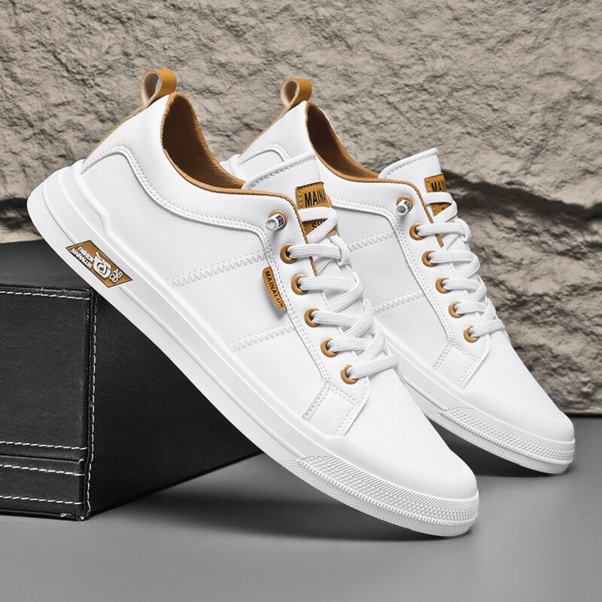 FILIPPO – Sneaker Uomo in Pelle Bianca con Dettagli Camel